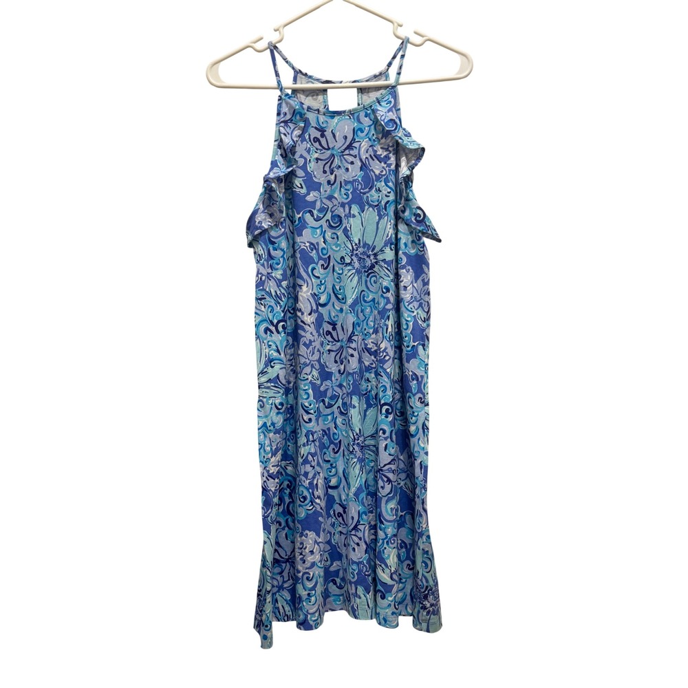 Lilly Pulitzer Billie Swing Sun Dress‎ Womens M Blue Floral Pima Cotton Ruffle